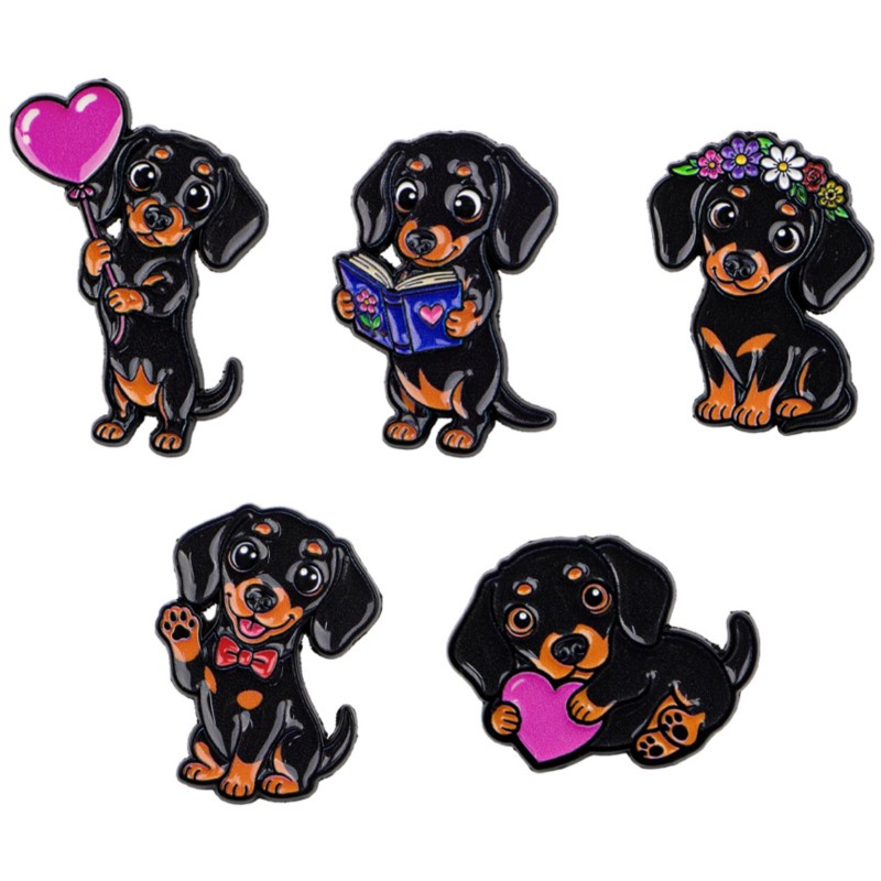 Pet Supplies Store - 5 個のかわいいダックスフントエナメルピンセットハートフラワーブックボウ犬漫画ブローチバックパック帽子服アクセサリー動物愛好家のギフト
