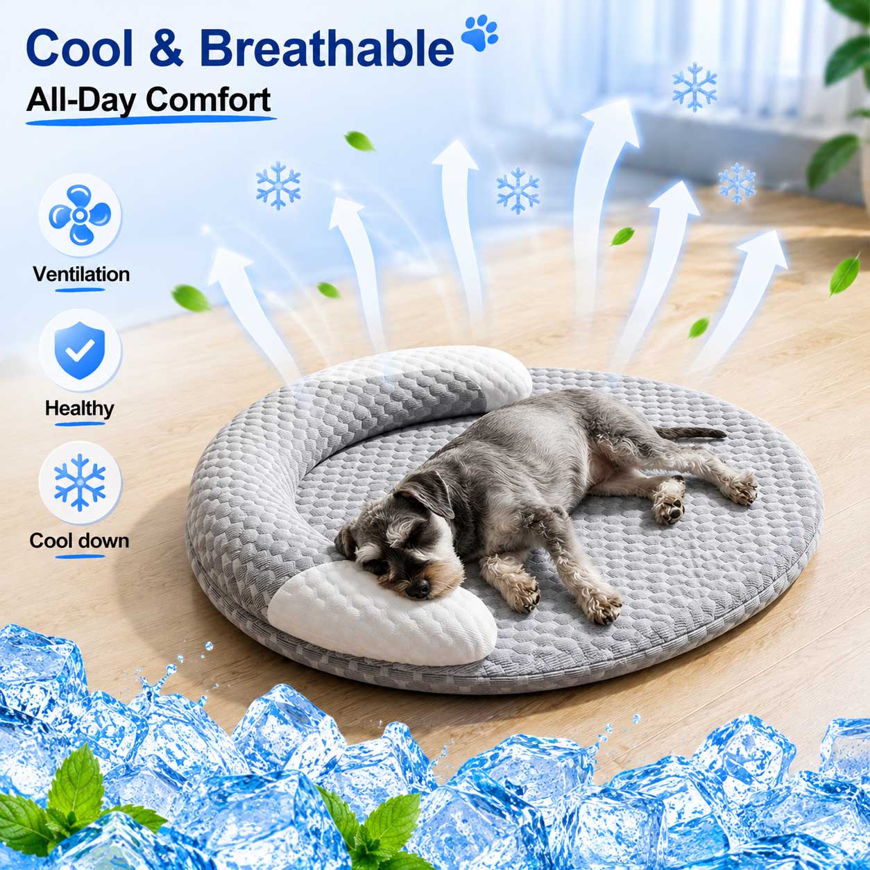 Calming Dog Bed - 夏用アイスシルク冷却犬用ベッド、楕円形通気性放熱猫用マット、小型・中型・大型犬猫用ペット用冷却パッド